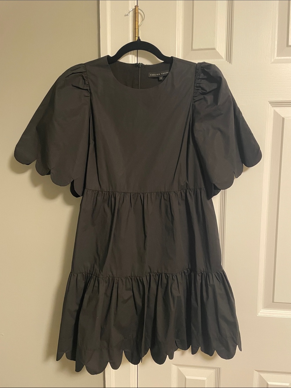 English Factory Black Scalloped Tiered Puff Sleeve Dress